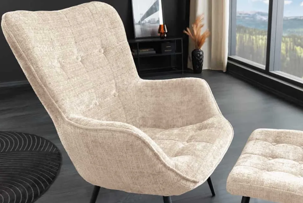 Design Sessel SCANDINAVIA champagner Chenille Cremona schwarz Metall mit Armlehne