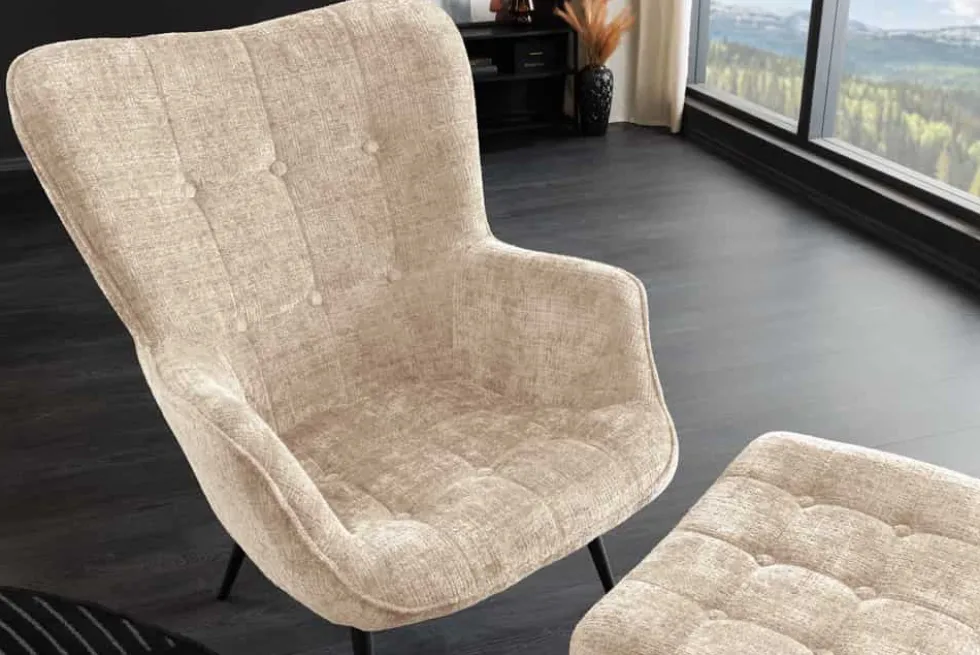 Design Sessel SCANDINAVIA champagner Chenille Cremona schwarz Metall mit Armlehne