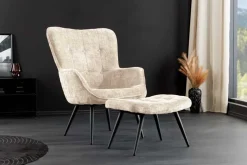 Design Sessel SCANDINAVIA champagner Chenille Cremona schwarz Metall mit Armlehne