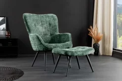 Design Sessel SCANDINAVIA grün Chenille Cremona schwarz Metall mit Armlehne