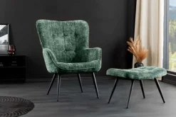 Design Sessel SCANDINAVIA grün Chenille Cremona schwarz Metall mit Armlehne