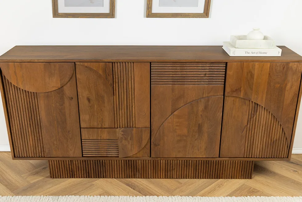 Design Sideboard ART DECO 170cm braun smoked Mangoholz massiv 3D-Front