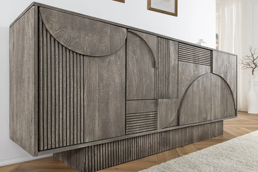 Design Sideboard ART DECO 170cm grau smoked Mangoholz massiv 3D-Front