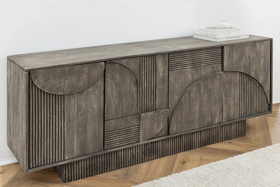 Design Sideboard ART DECO 170cm grau smoked Mangoholz massiv 3D-Front