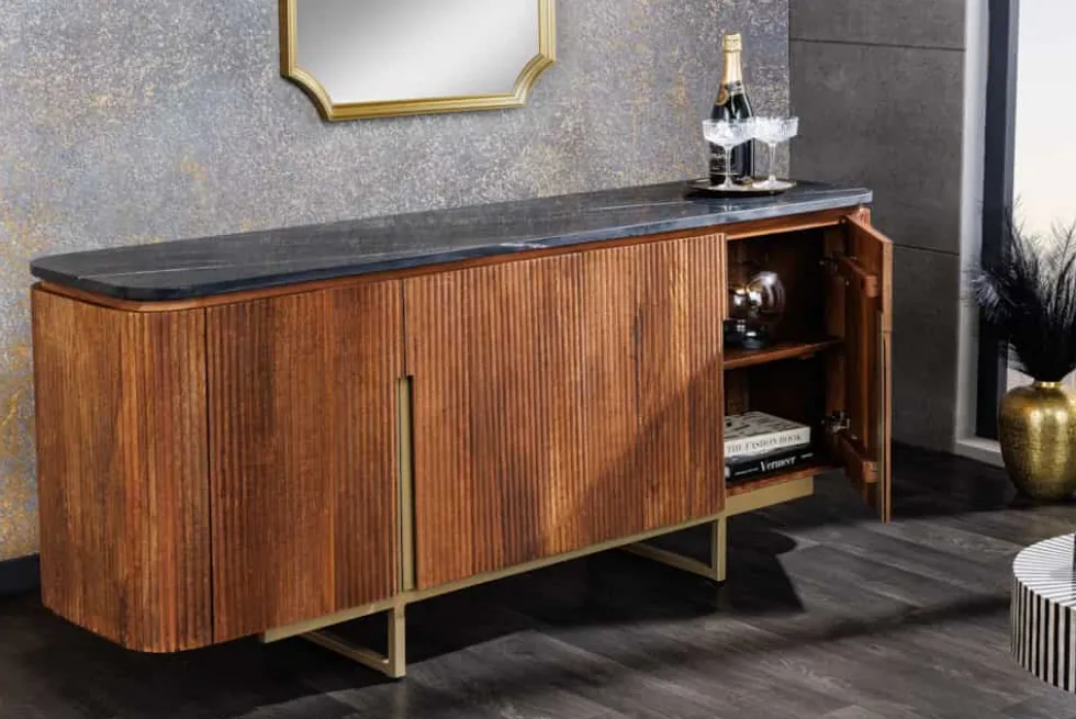 Design Sideboard GATSBY 160cm braun gold Mangoholz Marmor Metallgestell