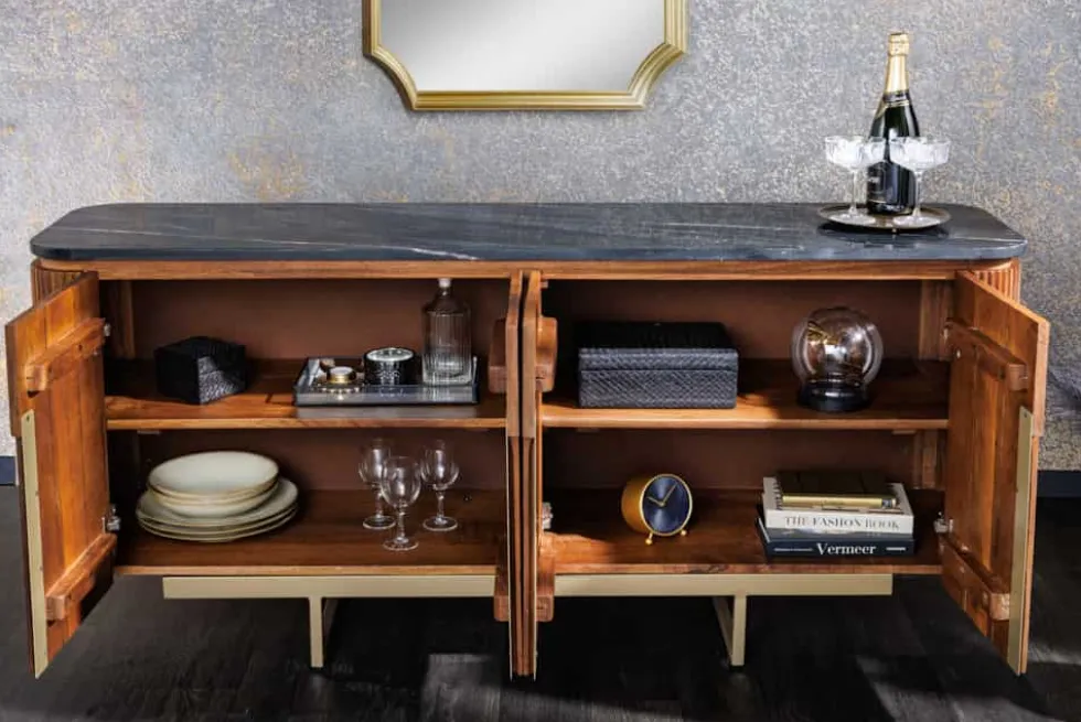 Design Sideboard GATSBY 160cm braun gold Mangoholz Marmor Metallgestell