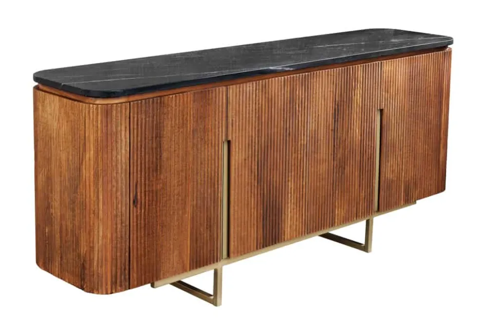 Design Sideboard GATSBY 160cm braun gold Mangoholz Marmor Metallgestell