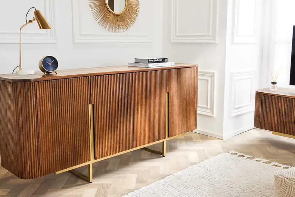 Design Sideboard GATSBY 160cm braun mattgold Mangoholz Retro