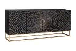 Design Sideboard ILLUSION 180cm schwarz Mangoholz Massivholz mit 3D Schnitzereien gold Eisen Metallgestell