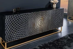 Design Sideboard ILLUSION 180cm schwarz Mangoholz Massivholz mit 3D Schnitzereien gold Eisen Metallgestell