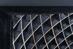 Design Sideboard ILLUSION 180cm schwarz Mangoholz Massivholz mit 3D Schnitzereien gold Eisen Metallgestell