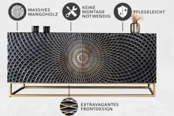 Design Sideboard ILLUSION 180cm schwarz Mangoholz Massivholz mit 3D Schnitzereien gold Eisen Metallgestell