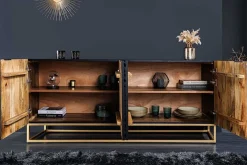 Design Sideboard ILLUSION 180cm schwarz Mangoholz Massivholz mit 3D Schnitzereien gold Eisen Metallgestell