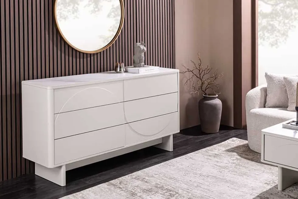 Design Sideboard SAVOY 150cm kaschmir weiß Marmor Keramik mit sechs Schubladen
