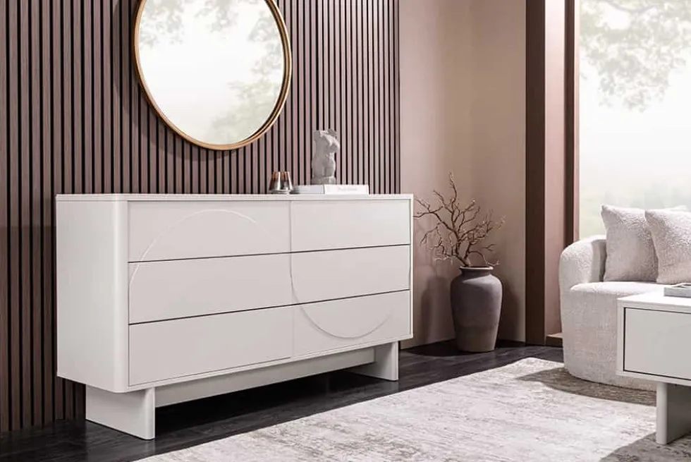 Design Sideboard SAVOY 150cm kaschmir weiß Marmor Keramik mit sechs Schubladen