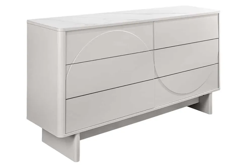 Design Sideboard SAVOY 150cm kaschmir weiß Marmor Keramik mit sechs Schubladen