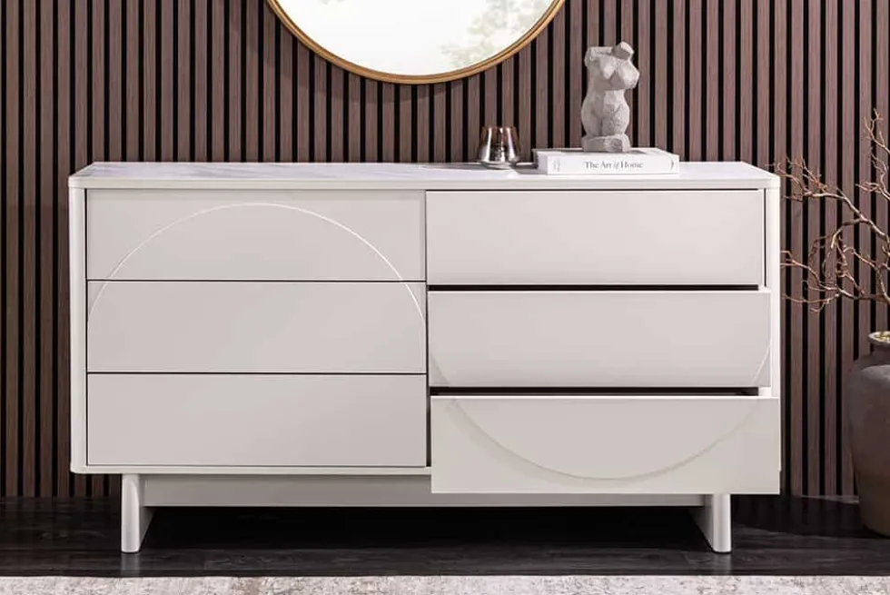 Design Sideboard SAVOY 150cm kaschmir weiß Marmor Keramik mit sechs Schubladen