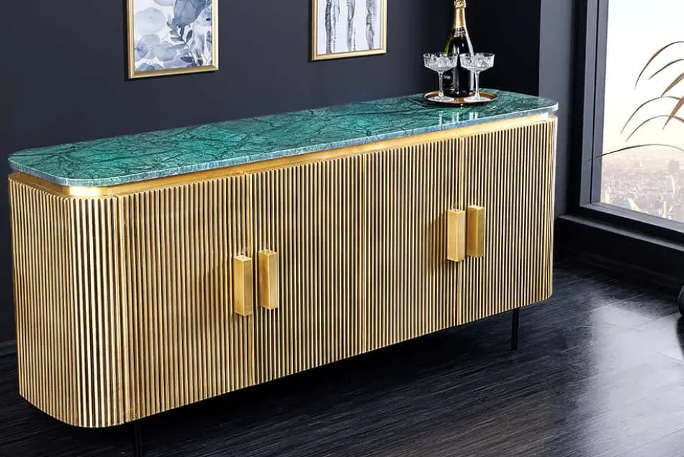 Design Sideboard VENEZIANO 160cm messing grün Marmorplatte Mangoholz Retro