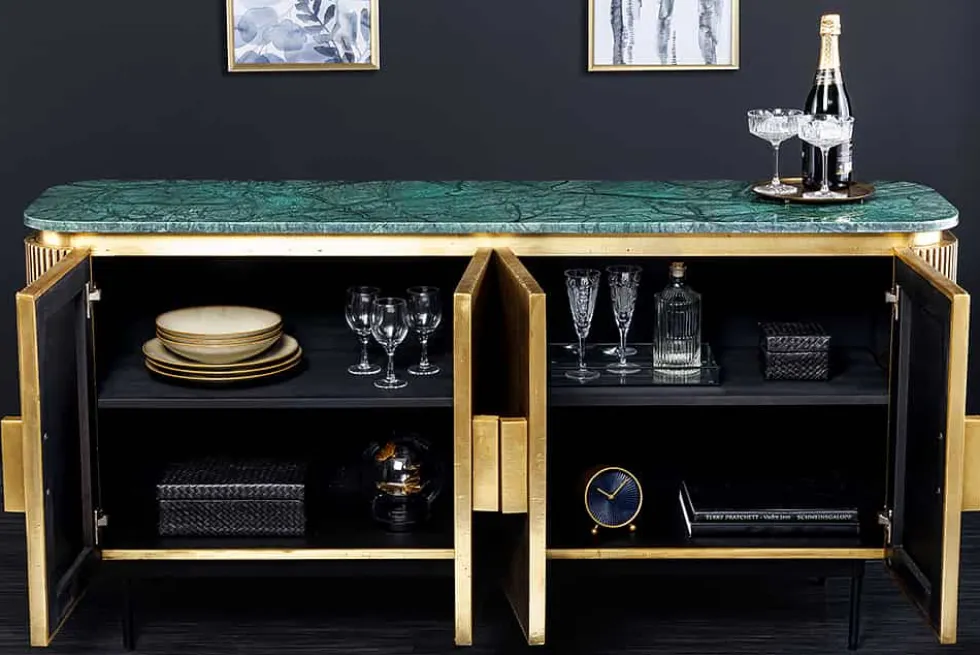 Design Sideboard VENEZIANO 160cm messing grün Marmorplatte Mangoholz Retro