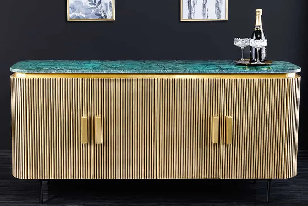 Design Sideboard VENEZIANO 160cm messing grün Marmorplatte Mangoholz Retro