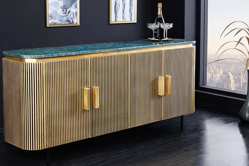 Design Sideboard VENEZIANO 160cm messing grün Marmorplatte Mangoholz Retro