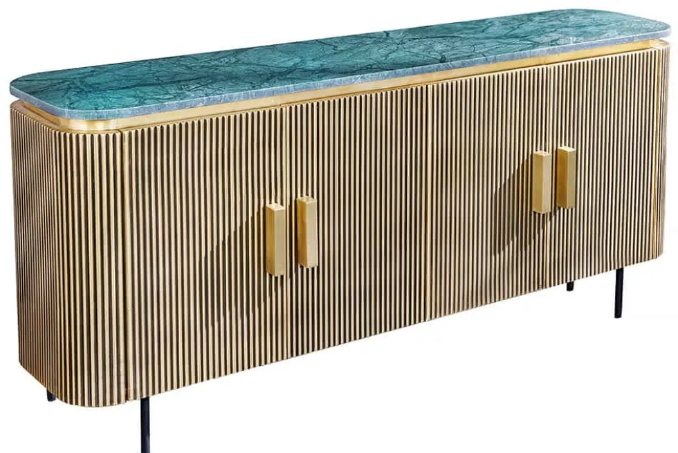 Design Sideboard VENEZIANO 160cm messing grün Marmorplatte Mangoholz Retro