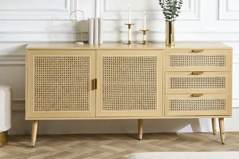 Design Sideboard VIENNA 155cm Wiener Geflecht Rattan Kommode mit Schubladen