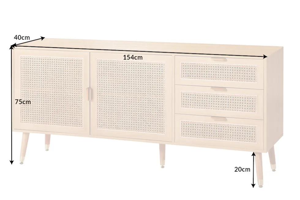 Design Sideboard VIENNA 155cm Wiener Geflecht Rattan Kommode mit Schubladen