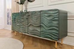 Design Sideboard WAVE 160cm türkis Mangoholz Massivholz mattgold Metallbeine