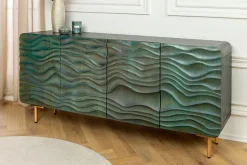 Design Sideboard WAVE 160cm türkis Mangoholz Massivholz mattgold Metallbeine