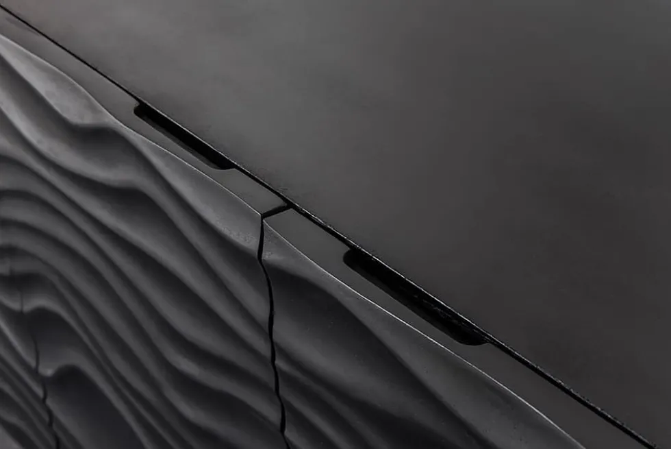 Design Sideboard WAVE 160cm schwarz Mangoholz Massivholz mattgold Metallbeine