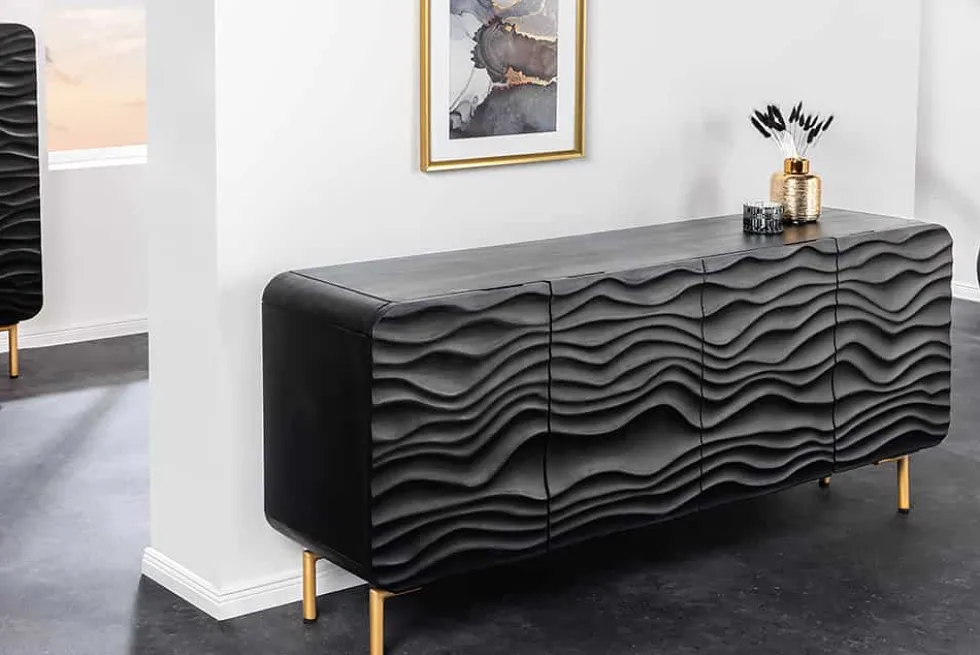 Design Sideboard WAVE 160cm schwarz Mangoholz Massivholz mattgold Metallbeine