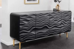 Design Sideboard WAVE 160cm schwarz Mangoholz Massivholz mattgold Metallbeine