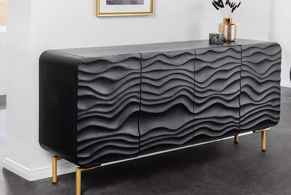 Design Sideboard WAVE 160cm schwarz Mangoholz Massivholz mattgold Metallbeine