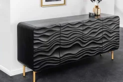 Design Sideboard WAVE 160cm schwarz Mangoholz Massivholz mattgold Metallbeine