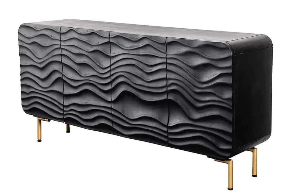Design Sideboard WAVE 160cm schwarz Mangoholz Massivholz mattgold Metallbeine