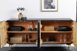 Design Sideboard WAVE 160cm schwarz Mangoholz Massivholz mattgold Metallbeine