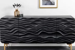 Design Sideboard WAVE 160cm schwarz Mangoholz Massivholz mattgold Metallbeine