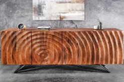 Design Sideboard ZEN 180cm braun Mangoholz mit 3D Schnitzereien Metallgestell schwarz handmade