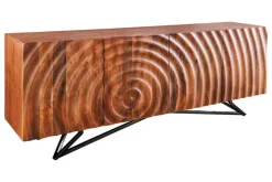 Design Sideboard ZEN 180cm braun Mangoholz mit 3D Schnitzereien Metallgestell schwarz handmade