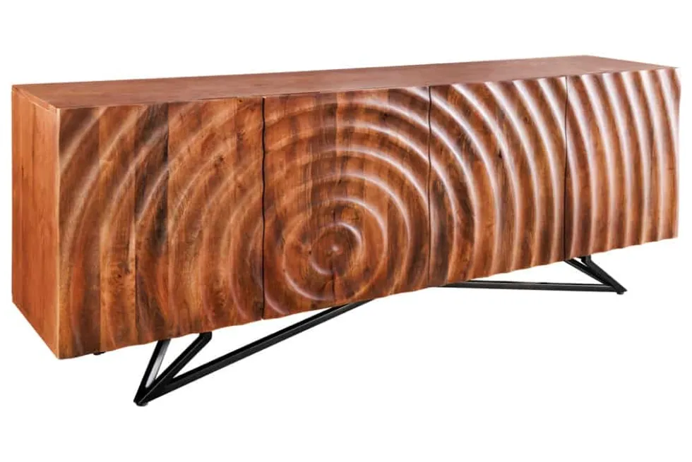 Design Sideboard ZEN 180cm braun Mangoholz mit 3D Schnitzereien Metallgestell schwarz handmade