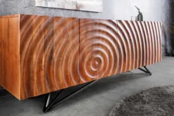 Design Sideboard ZEN 180cm braun Mangoholz mit 3D Schnitzereien Metallgestell schwarz handmade