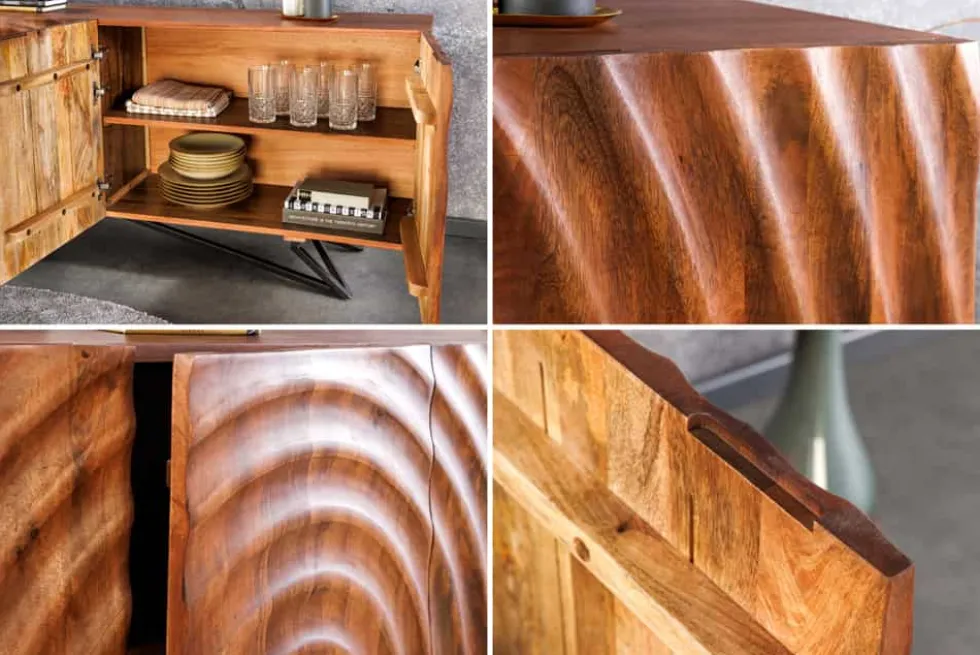 Design Sideboard ZEN 180cm braun Mangoholz mit 3D Schnitzereien Metallgestell schwarz handmade