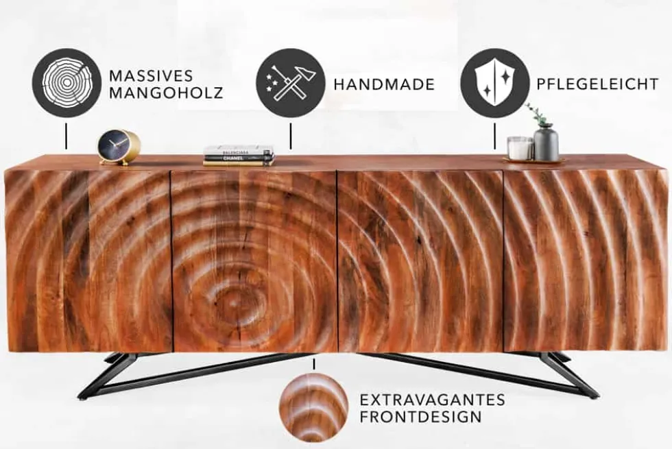 Design Sideboard ZEN 180cm braun Mangoholz mit 3D Schnitzereien Metallgestell schwarz handmade