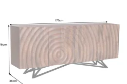 Design Sideboard ZEN 180cm braun Mangoholz mit 3D Schnitzereien Metallgestell schwarz handmade