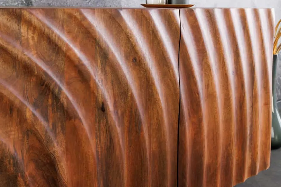 Design Sideboard ZEN 180cm braun Mangoholz mit 3D Schnitzereien Metallgestell schwarz handmade