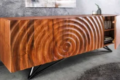 Design Sideboard ZEN 180cm braun Mangoholz mit 3D Schnitzereien Metallgestell schwarz handmade