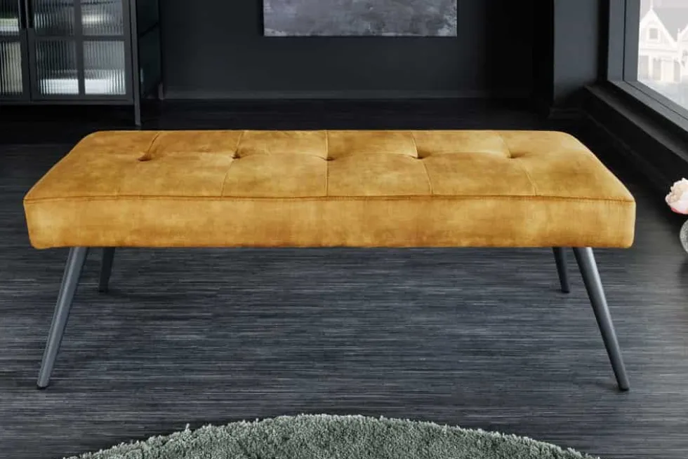 Design Sitzbank BOUTIQUE 100cm senfgelb Samt schwarze Metallbeine