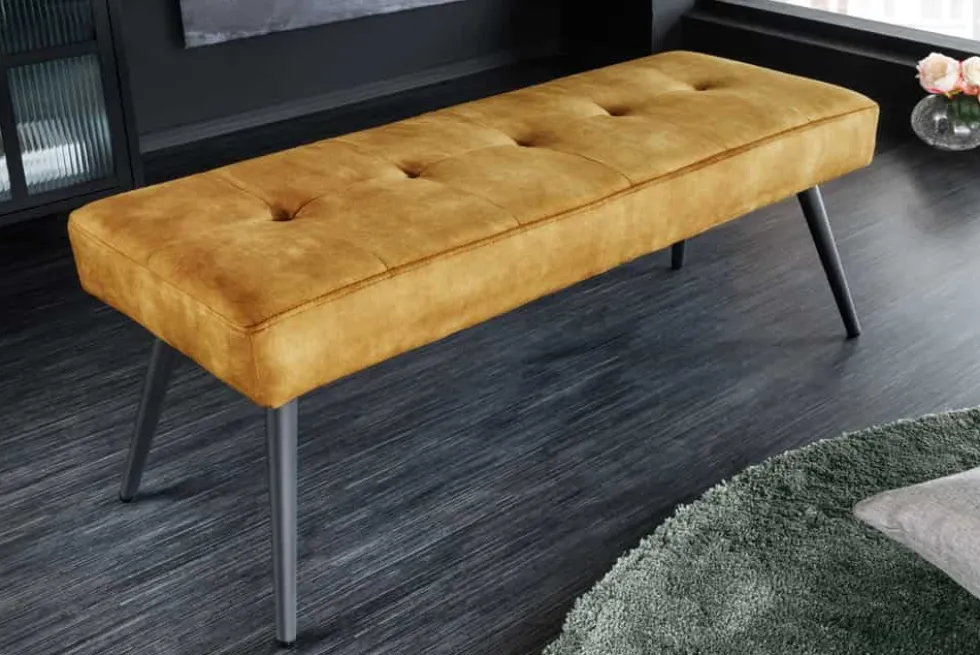 Design Sitzbank BOUTIQUE 100cm senfgelb Samt schwarze Metallbeine
