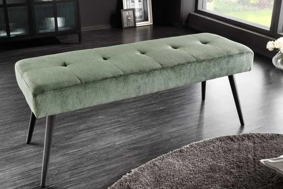 Design Sitzbank BOUTIQUE 100cm grün Cord schwarze Metallbeine